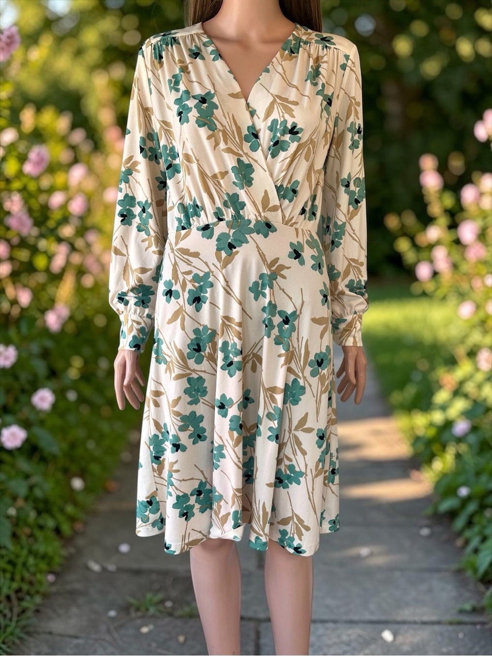 H&M Floral Faux Wrap Dress Small Cream Green Long Sleeve Stretch Midi Boho